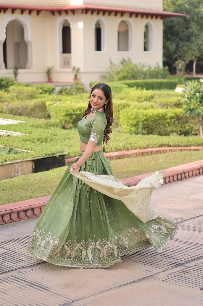 Green Gold Crush Sequins & Zari Embroidered Lehenga Set with 3-Meter Flair, Heavy Dupatta & Unstitched Designer Blouse – Fully Stitched Festive & Wedding Wear Ensemble