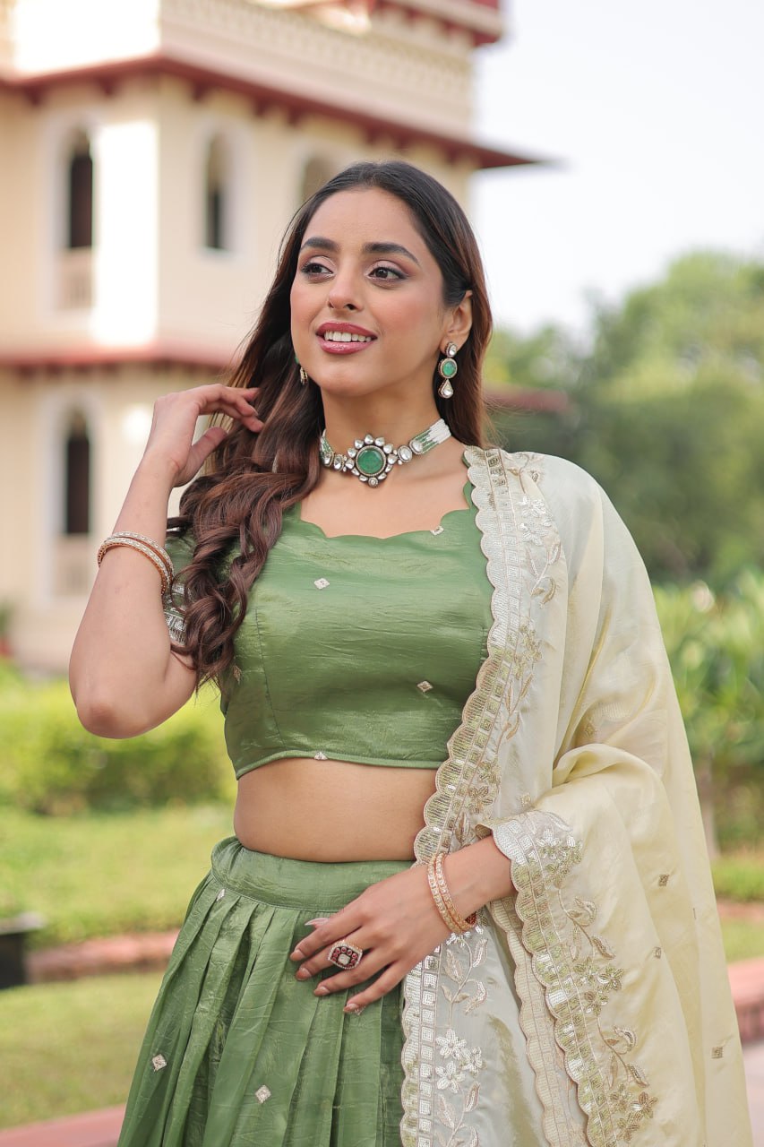 Green Gold Crush Sequins & Zari Embroidered Lehenga Set with 3-Meter Flair, Heavy Dupatta & Unstitched Designer Blouse – Fully Stitched Festive & Wedding Wear Ensemble