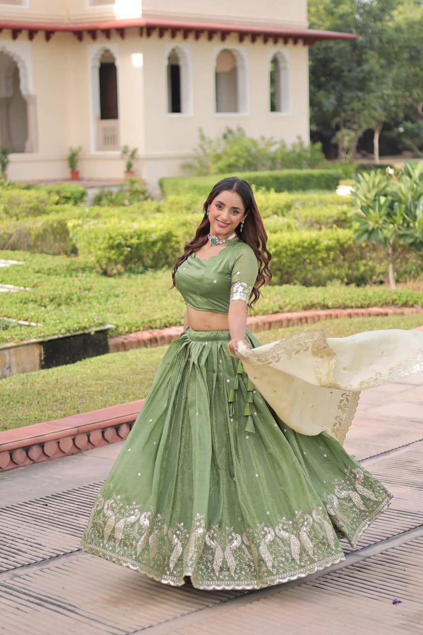 Green Gold Crush Sequins & Zari Embroidered Lehenga Set with 3-Meter Flair, Heavy Dupatta & Unstitched Designer Blouse – Fully Stitched Festive & Wedding Wear Ensemble