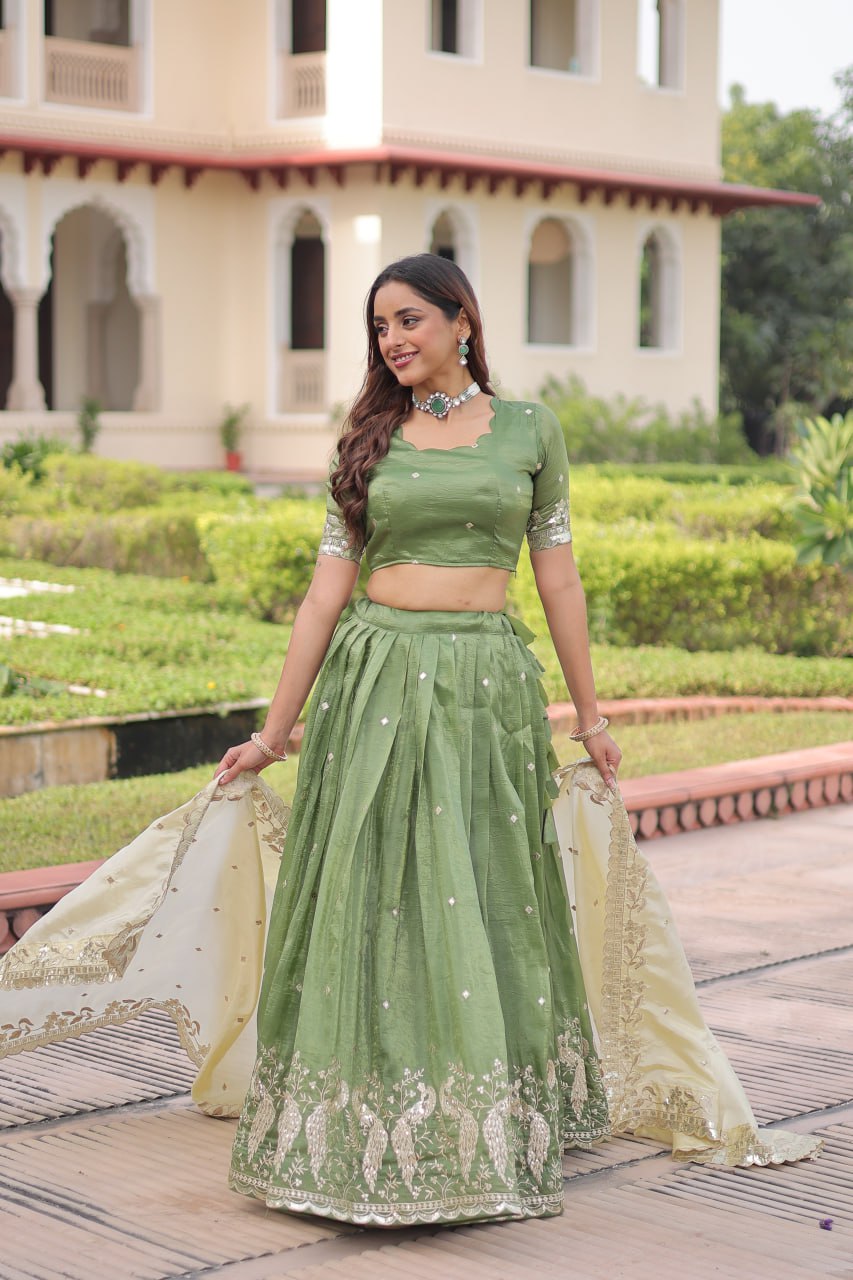 Green Gold Crush Sequins & Zari Embroidered Lehenga Set with 3-Meter Flair, Heavy Dupatta & Unstitched Designer Blouse – Fully Stitched Festive & Wedding Wear Ensemble