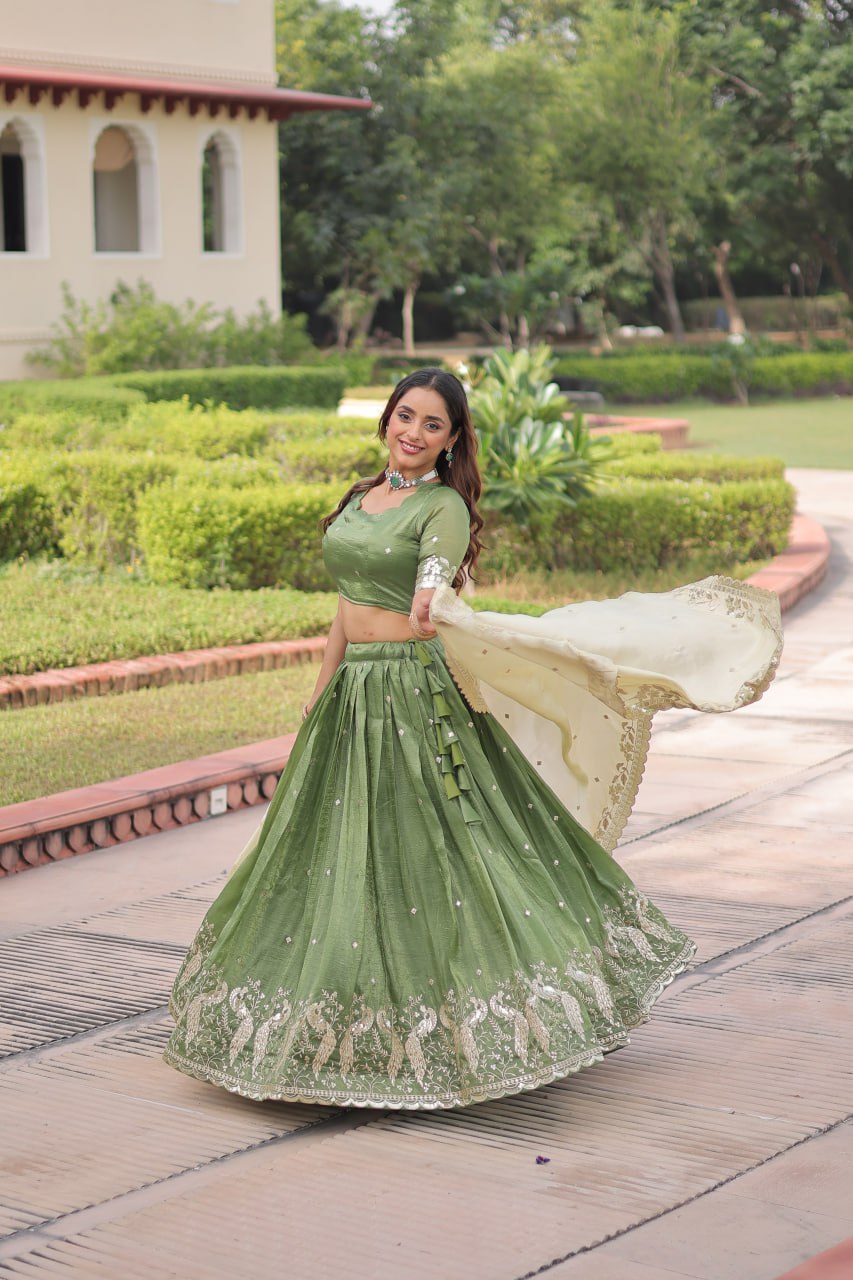 Green Gold Crush Sequins & Zari Embroidered Lehenga Set with 3-Meter Flair, Heavy Dupatta & Unstitched Designer Blouse – Fully Stitched Festive & Wedding Wear Ensemble