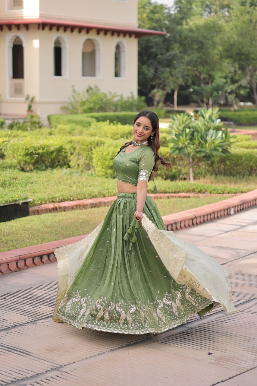 Green Gold Crush Sequins & Zari Embroidered Lehenga Set with 3-Meter Flair, Heavy Dupatta & Unstitched Designer Blouse – Fully Stitched Festive & Wedding Wear Ensemble