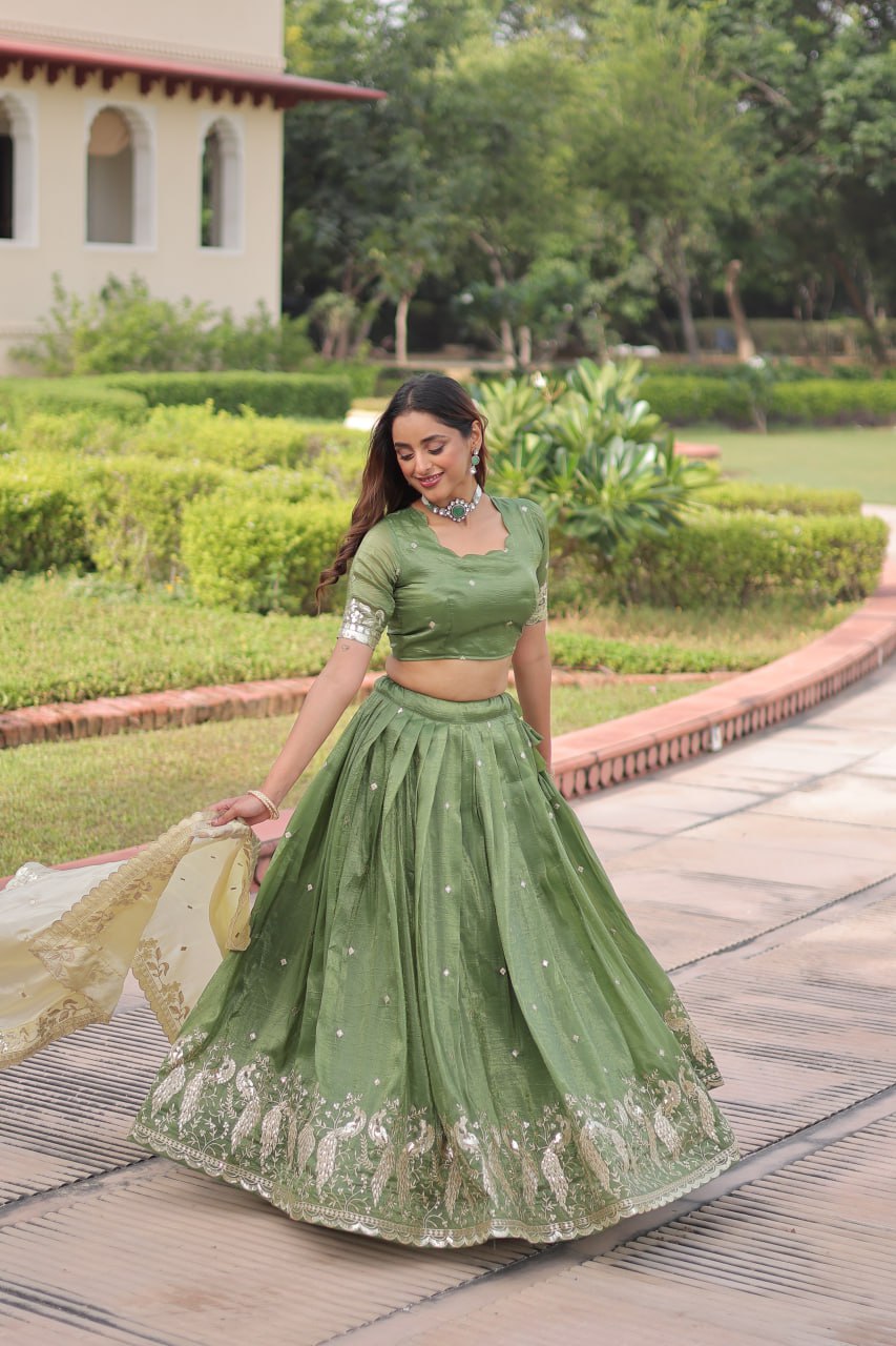 Green Gold Crush Sequins & Zari Embroidered Lehenga Set with 3-Meter Flair, Heavy Dupatta & Unstitched Designer Blouse – Fully Stitched Festive & Wedding Wear Ensemble