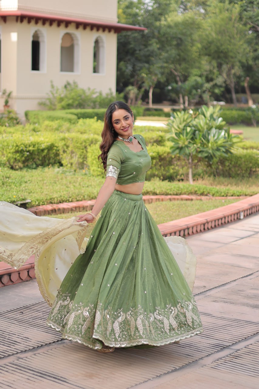 Green Gold Crush Sequins & Zari Embroidered Lehenga Set with 3-Meter Flair, Heavy Dupatta & Unstitched Designer Blouse – Fully Stitched Festive & Wedding Wear Ensemble