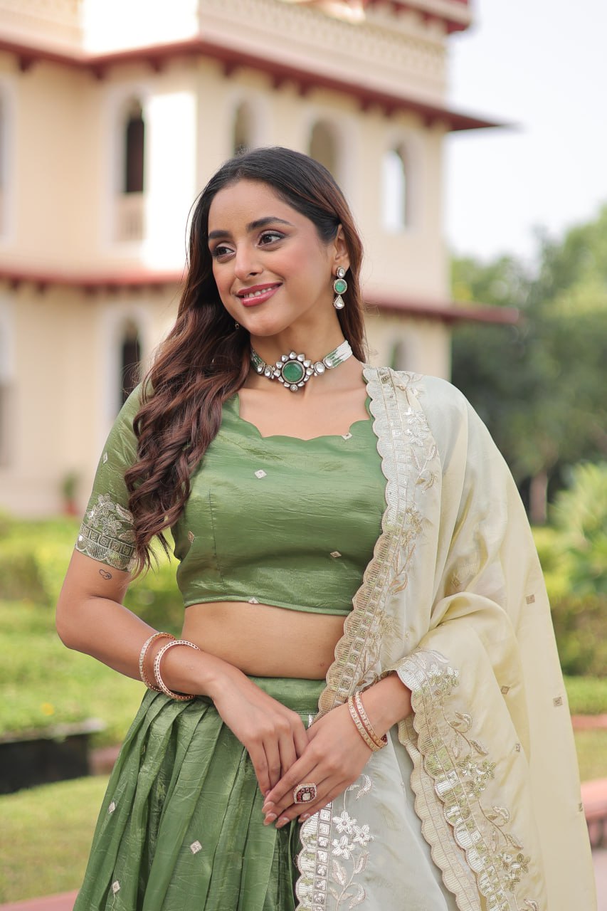 Green Gold Crush Sequins & Zari Embroidered Lehenga Set with 3-Meter Flair, Heavy Dupatta & Unstitched Designer Blouse – Fully Stitched Festive & Wedding Wear Ensemble