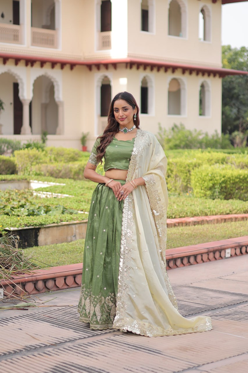 Green Gold Crush Sequins & Zari Embroidered Lehenga Set with 3-Meter Flair, Heavy Dupatta & Unstitched Designer Blouse – Fully Stitched Festive & Wedding Wear Ensemble