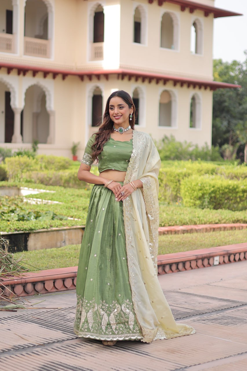 Green Gold Crush Sequins & Zari Embroidered Lehenga Set with 3-Meter Flair, Heavy Dupatta & Unstitched Designer Blouse – Fully Stitched Festive & Wedding Wear Ensemble