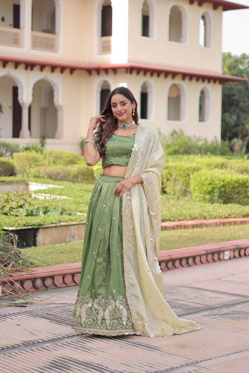 Green Gold Crush Sequins & Zari Embroidered Lehenga Set with 3-Meter Flair, Heavy Dupatta & Unstitched Designer Blouse – Fully Stitched Festive & Wedding Wear Ensemble