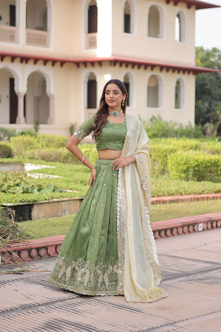 Green Gold Crush Sequins & Zari Embroidered Lehenga Set with 3-Meter Flair, Heavy Dupatta & Unstitched Designer Blouse – Fully Stitched Festive & Wedding Wear Ensemble