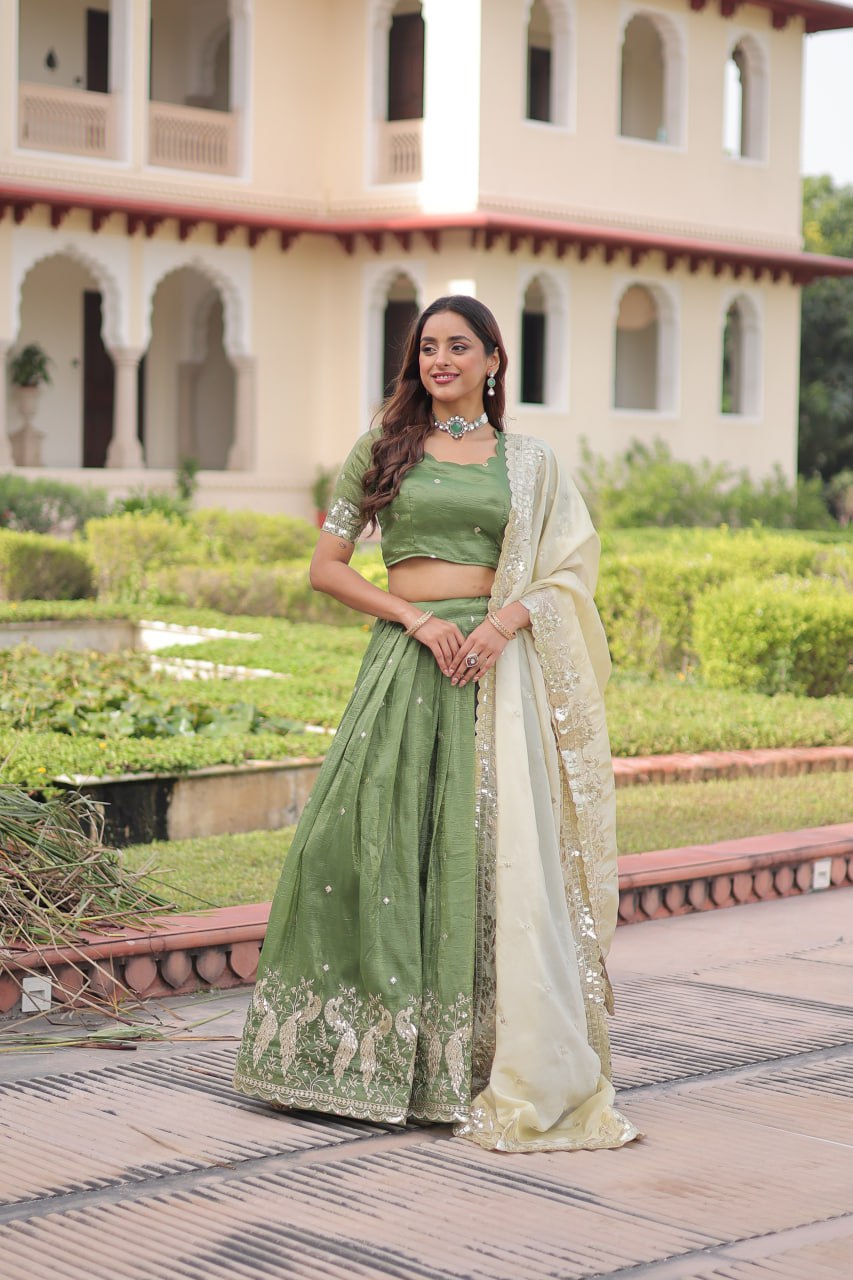 Green Gold Crush Sequins & Zari Embroidered Lehenga Set with 3-Meter Flair, Heavy Dupatta & Unstitched Designer Blouse – Fully Stitched Festive & Wedding Wear Ensemble