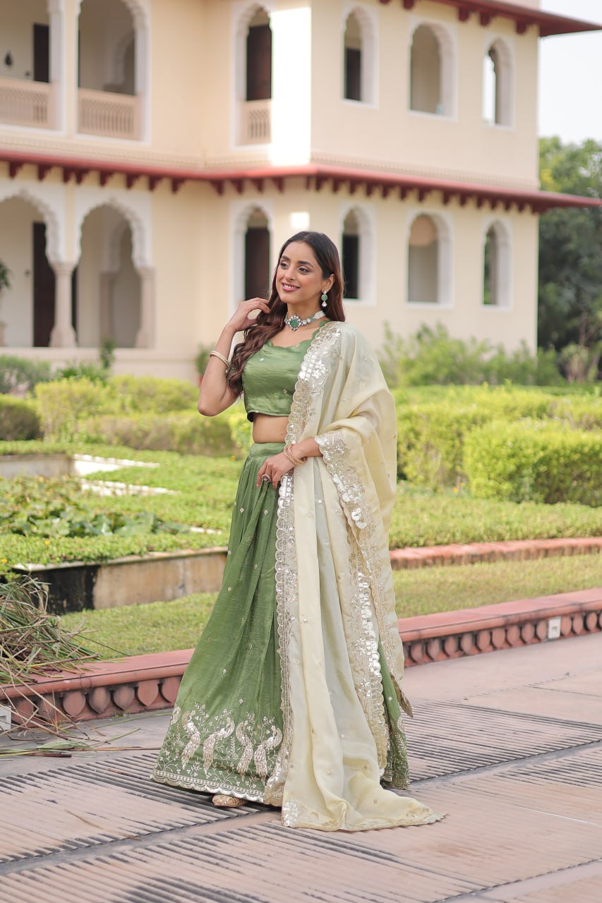 Green Gold Crush Sequins & Zari Embroidered Lehenga Set with 3-Meter Flair, Heavy Dupatta & Unstitched Designer Blouse – Fully Stitched Festive & Wedding Wear Ensemble