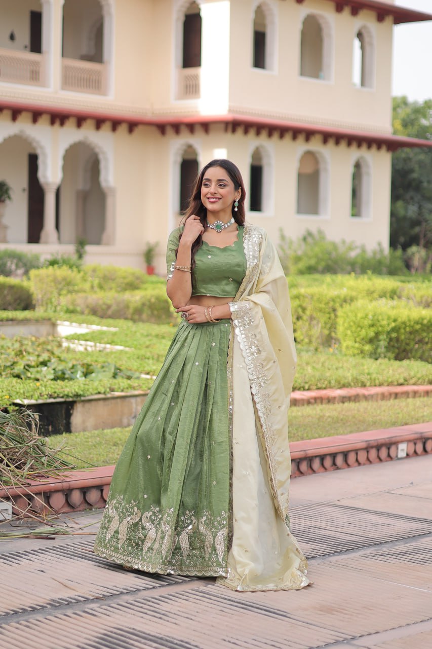 Green Gold Crush Sequins & Zari Embroidered Lehenga Set with 3-Meter Flair, Heavy Dupatta & Unstitched Designer Blouse – Fully Stitched Festive & Wedding Wear Ensemble