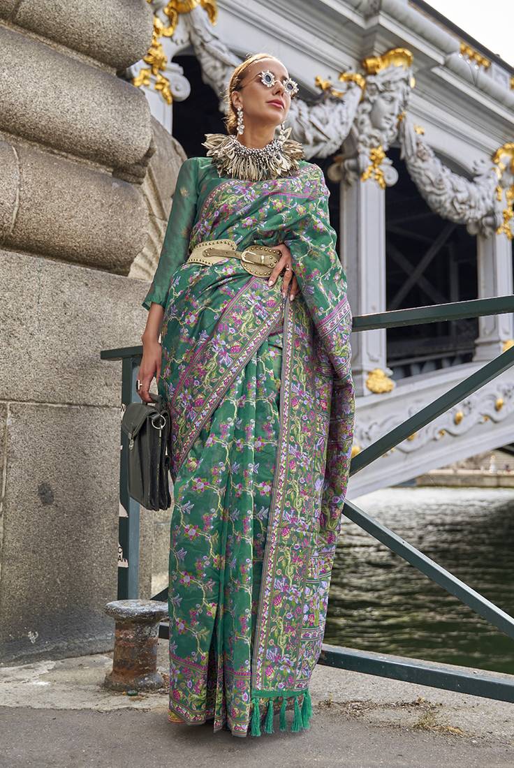 Green Graceful Organza Silk Parsi Handloom Weaving Saree with Blouse Piece
