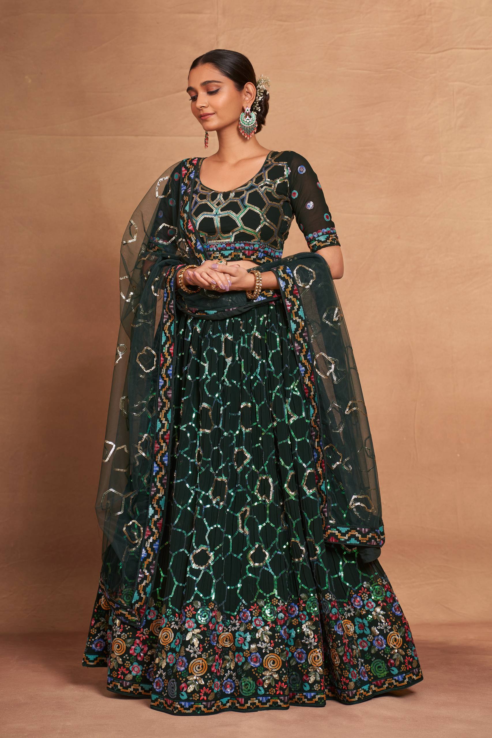 Green Heavy Georgette Embroidered Lehenga Choli Set with Sequins & Net Dupatta