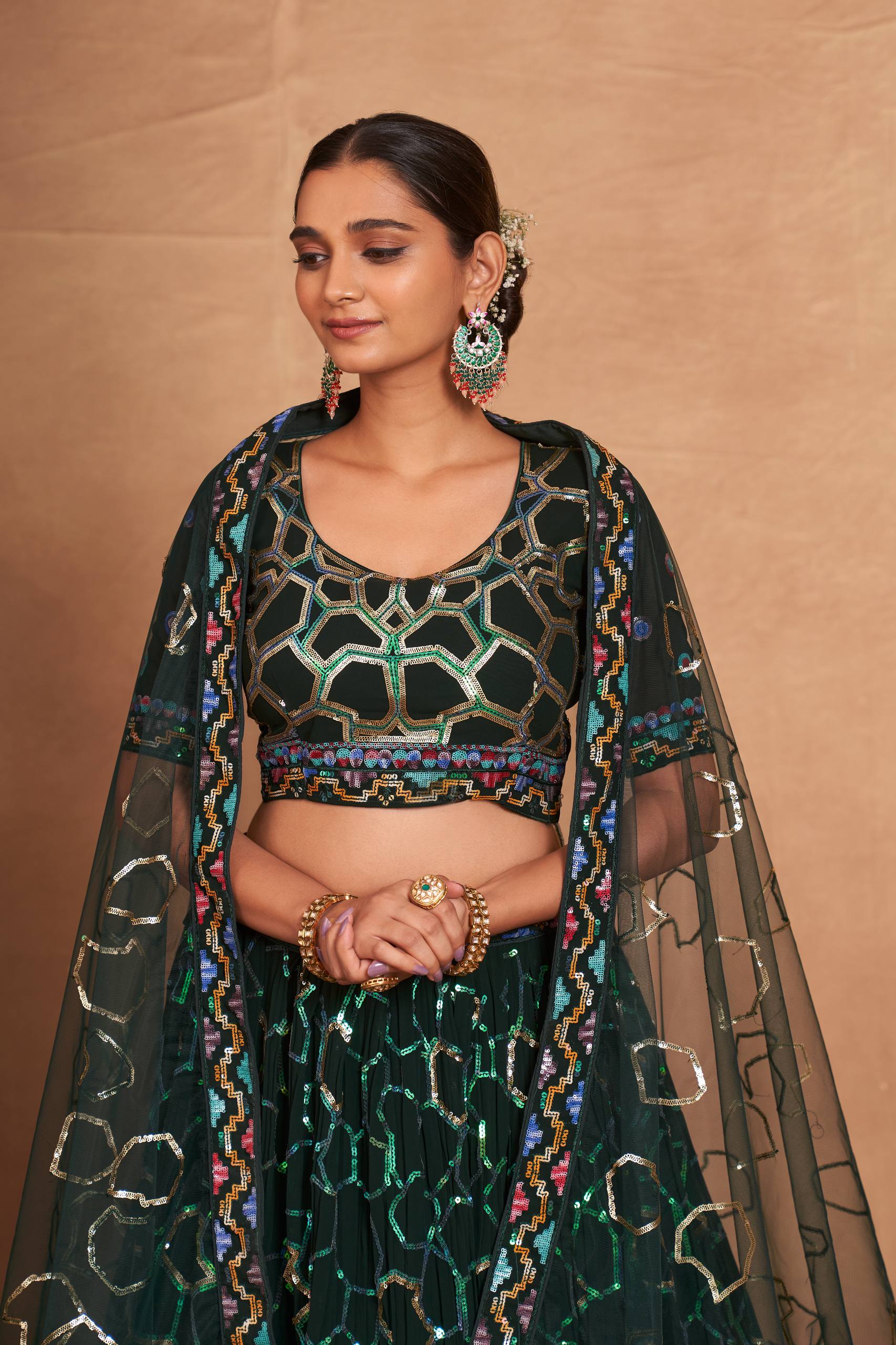 Green Heavy Georgette Embroidered Lehenga Choli Set with Sequins & Net Dupatta