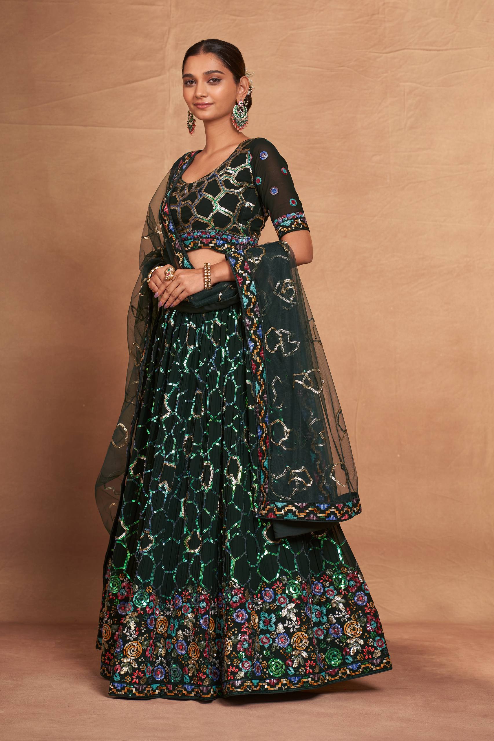 Green Heavy Georgette Embroidered Lehenga Choli Set with Sequins & Net Dupatta