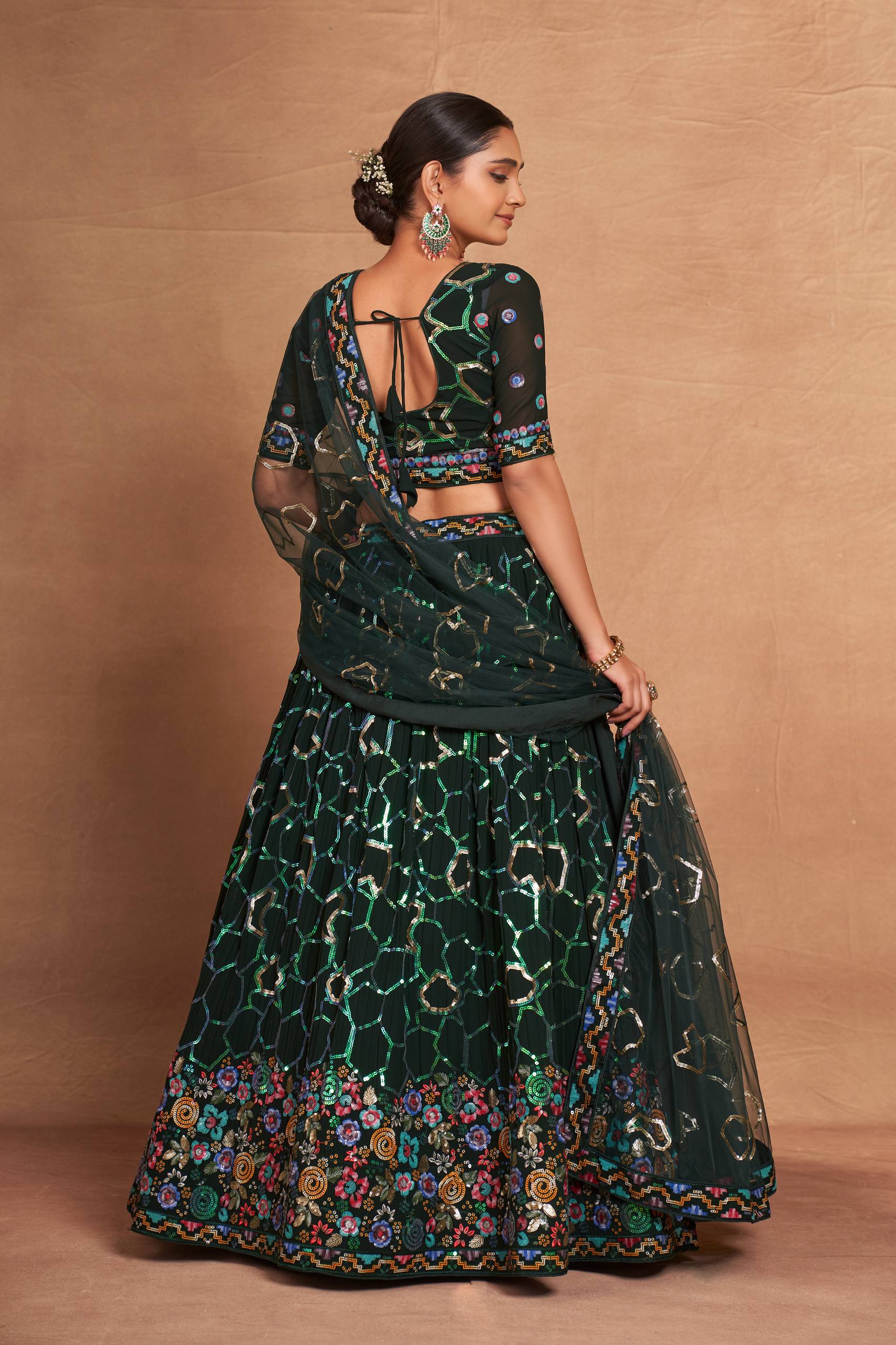 Green Heavy Georgette Embroidered Lehenga Choli Set with Sequins & Net Dupatta