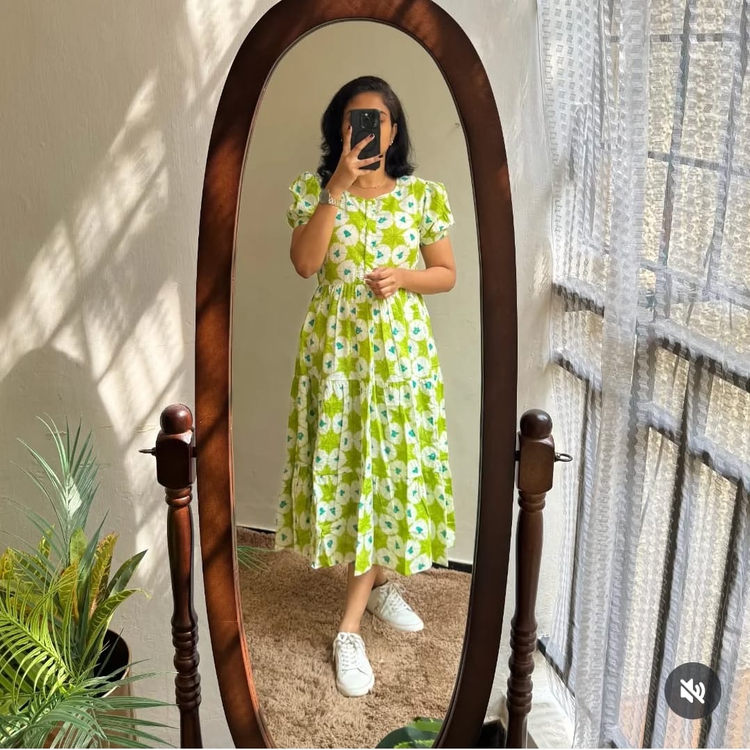 Green Ikat Print Cotton Flair Middy Gown – Floral Procin Design