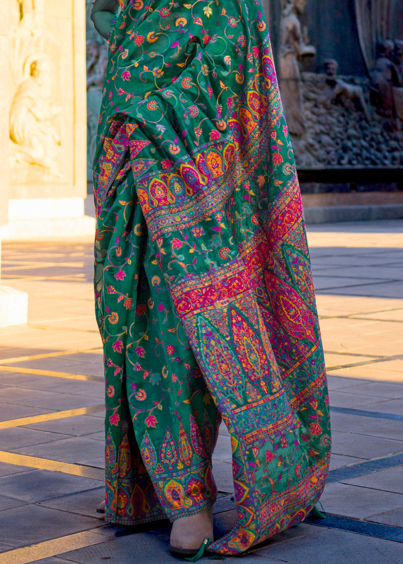 Green Jamawar Woven Organza Silk Saree – Traditional Elegance with Blouse Piece