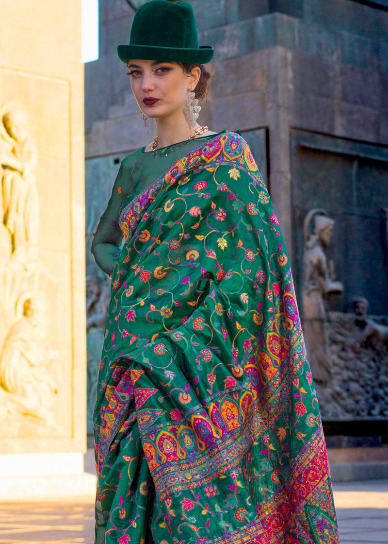Green Jamawar Woven Organza Silk Saree – Traditional Elegance with Blouse Piece