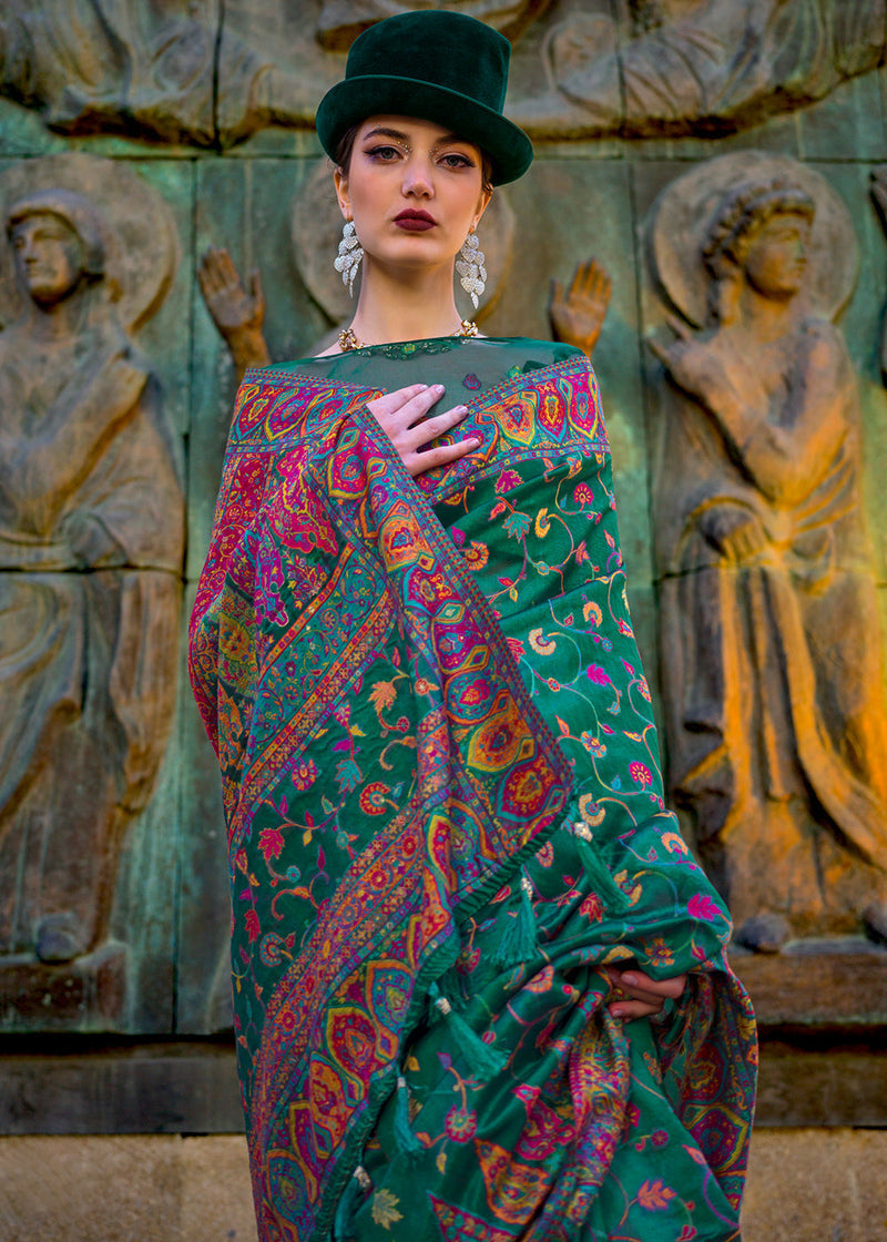 Green Jamawar Woven Organza Silk Saree – Traditional Elegance with Blouse Piece