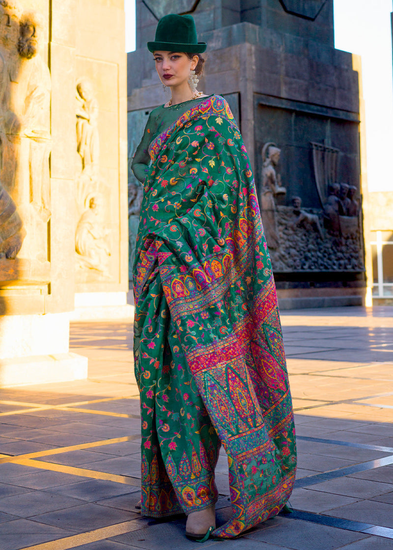 Green Jamawar Woven Organza Silk Saree – Traditional Elegance with Blouse Piece