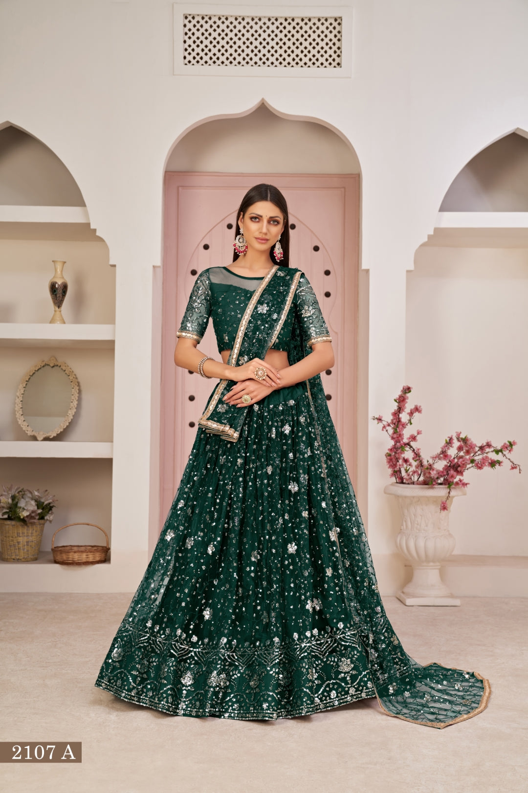 Green Luxurious Butterfly Net Lehenga with All-Over Embroidery