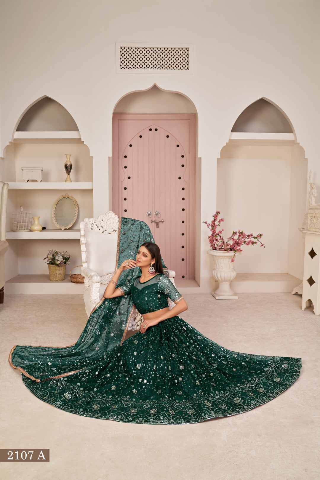 Green Luxurious Butterfly Net Lehenga with All-Over Embroidery