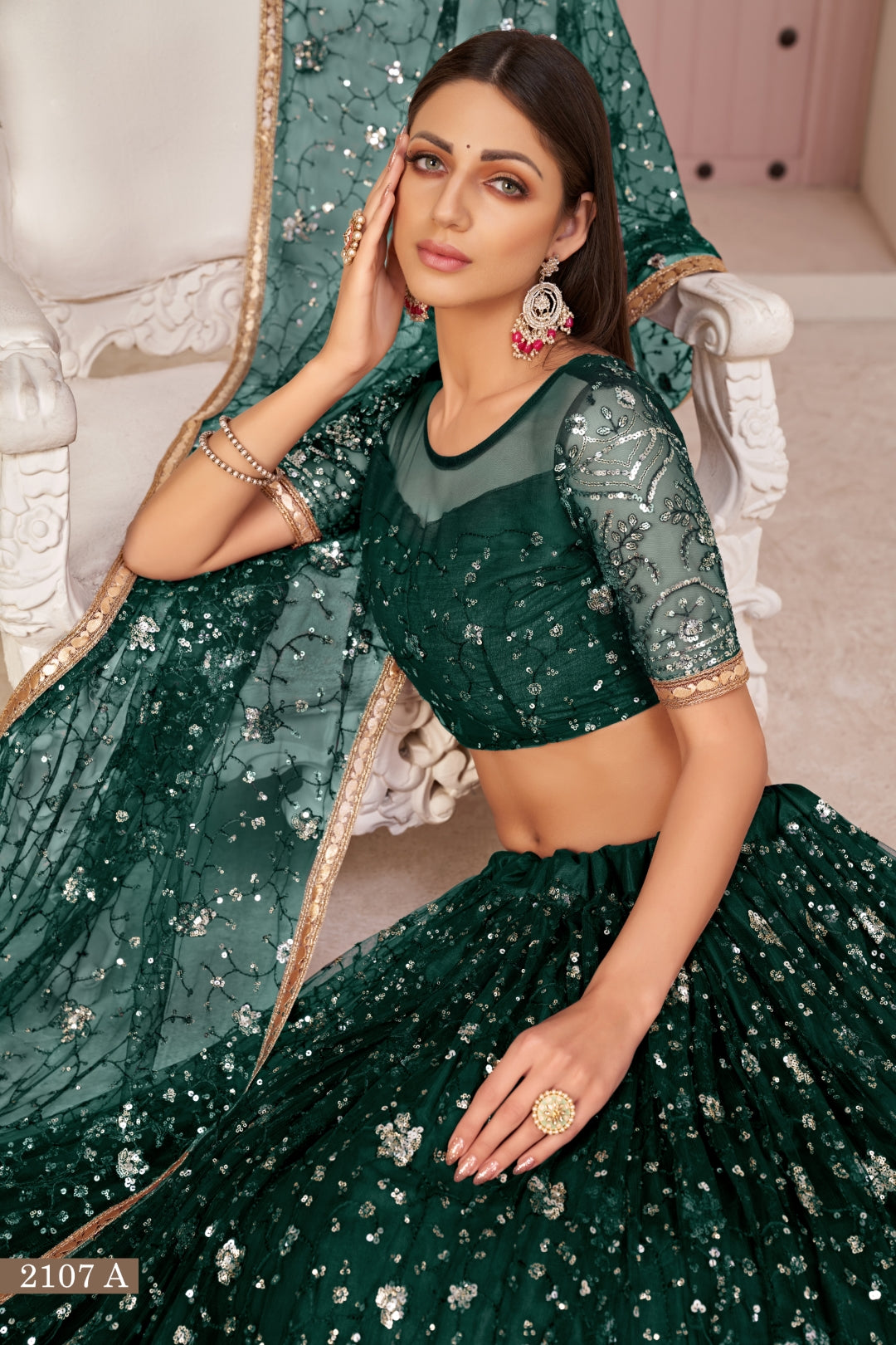 Green Luxurious Butterfly Net Lehenga with All-Over Embroidery