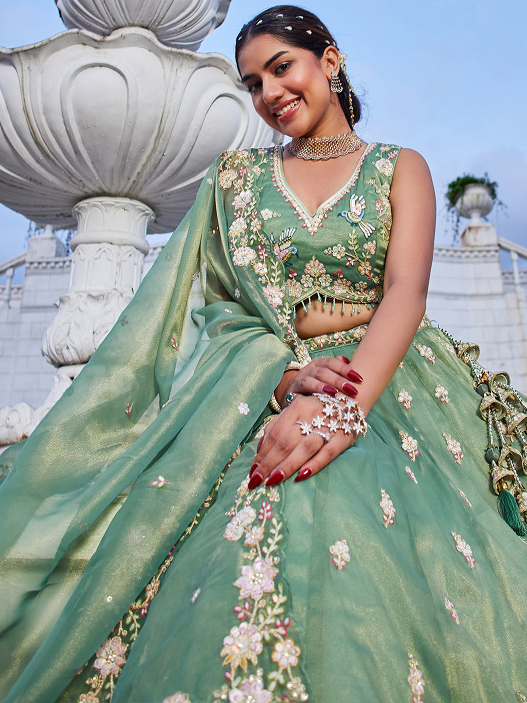 Green Luxury Tissue Fabric Sequin & Embroidery Work Lehenga Choli with Dupatta – 4.5 Meter Grand Flair, Fully Stitched