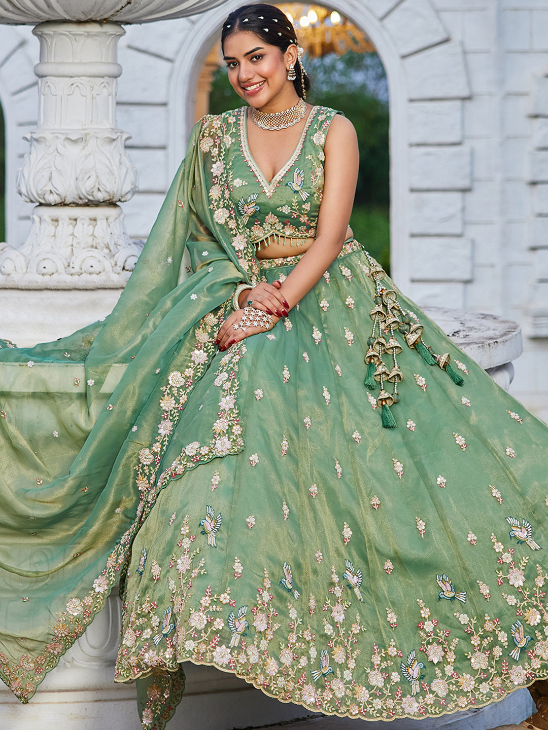 Green Luxury Tissue Fabric Sequin & Embroidery Work Lehenga Choli with Dupatta – 4.5 Meter Grand Flair, Fully Stitched
