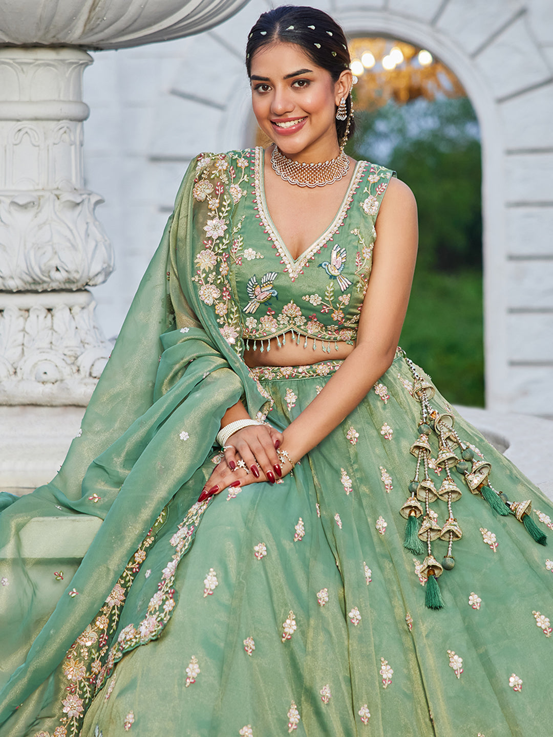 Green Luxury Tissue Fabric Sequin & Embroidery Work Lehenga Choli with Dupatta – 4.5 Meter Grand Flair, Fully Stitched