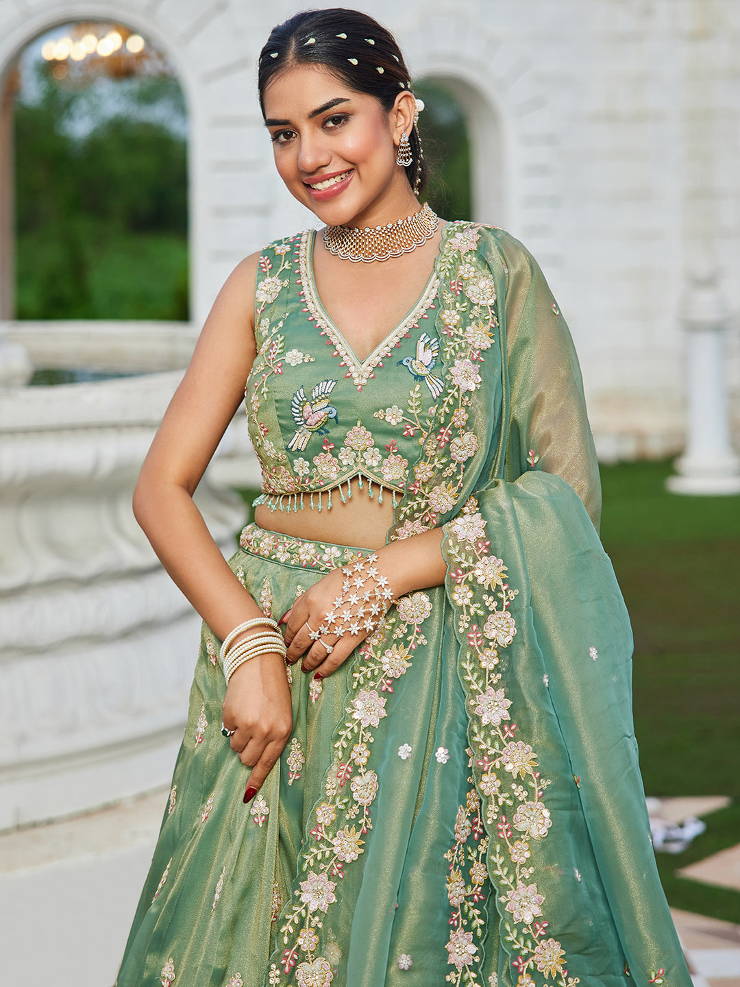 Green Luxury Tissue Fabric Sequin & Embroidery Work Lehenga Choli with Dupatta – 4.5 Meter Grand Flair, Fully Stitched