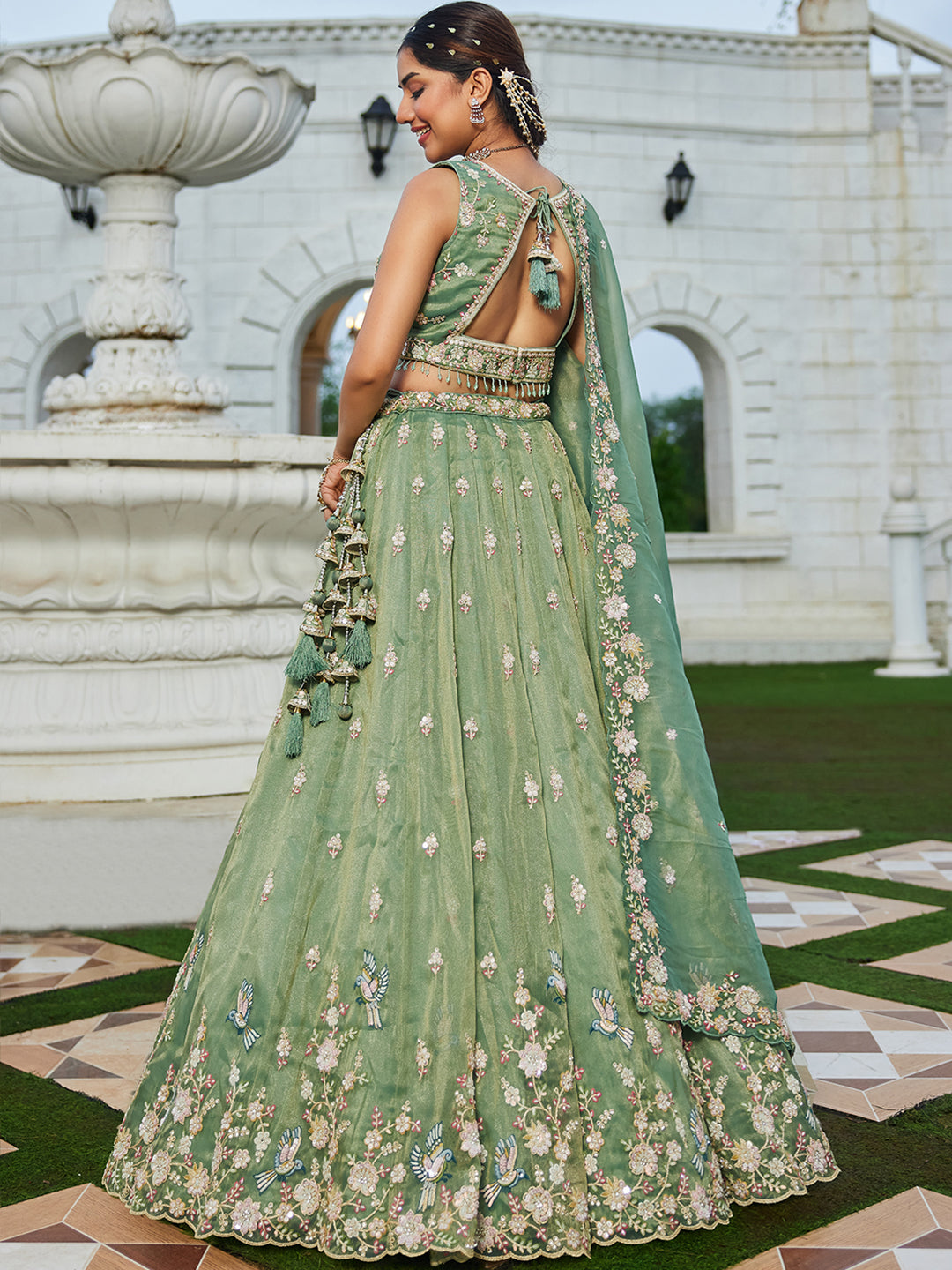 Green Luxury Tissue Fabric Sequin & Embroidery Work Lehenga Choli with Dupatta – 4.5 Meter Grand Flair, Fully Stitched