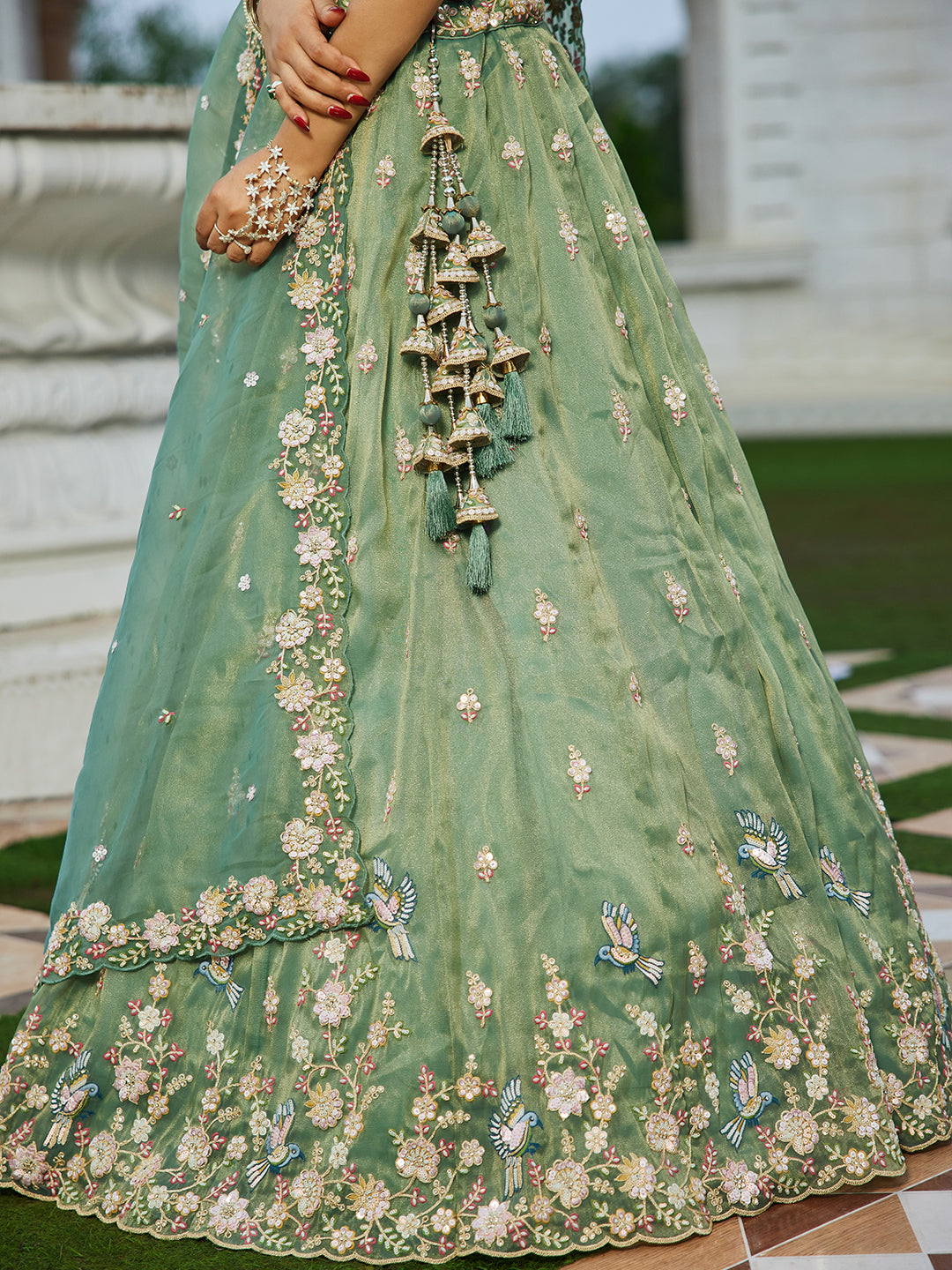 Green Luxury Tissue Fabric Sequin & Embroidery Work Lehenga Choli with Dupatta – 4.5 Meter Grand Flair, Fully Stitched