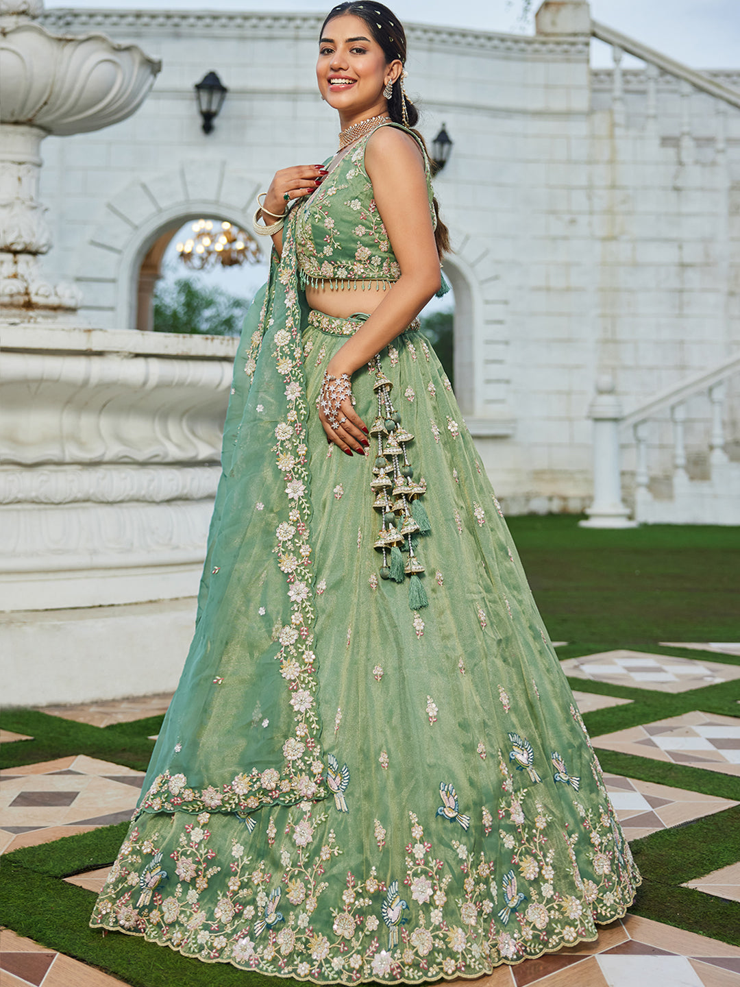 Green Luxury Tissue Fabric Sequin & Embroidery Work Lehenga Choli with Dupatta – 4.5 Meter Grand Flair, Fully Stitched