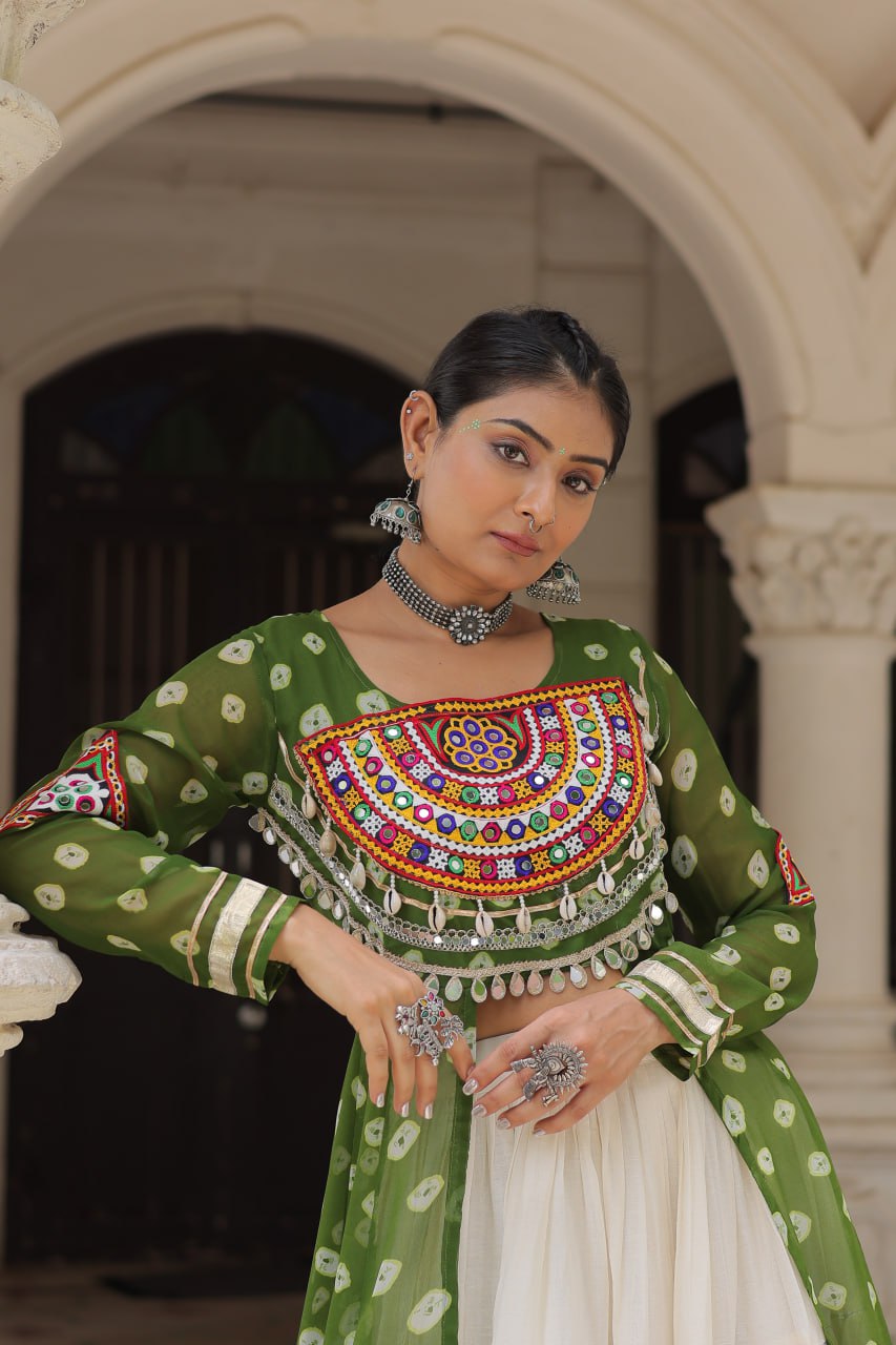 Green Navratri Special Bandhani Kurti with Kora Cotton Frill Lehenga Set – Full Stitched