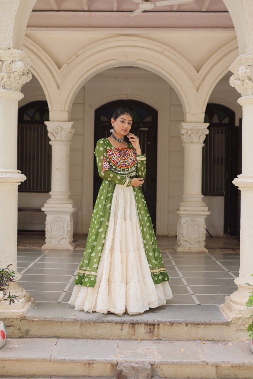 Green Navratri Special Bandhani Kurti with Kora Cotton Frill Lehenga Set – Full Stitched