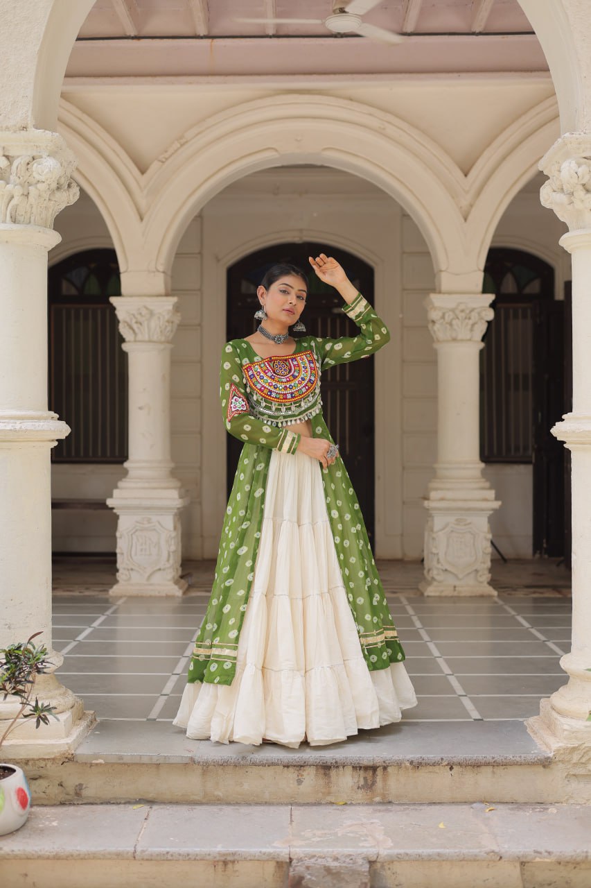 Green Navratri Special Bandhani Kurti with Kora Cotton Frill Lehenga Set – Full Stitched
