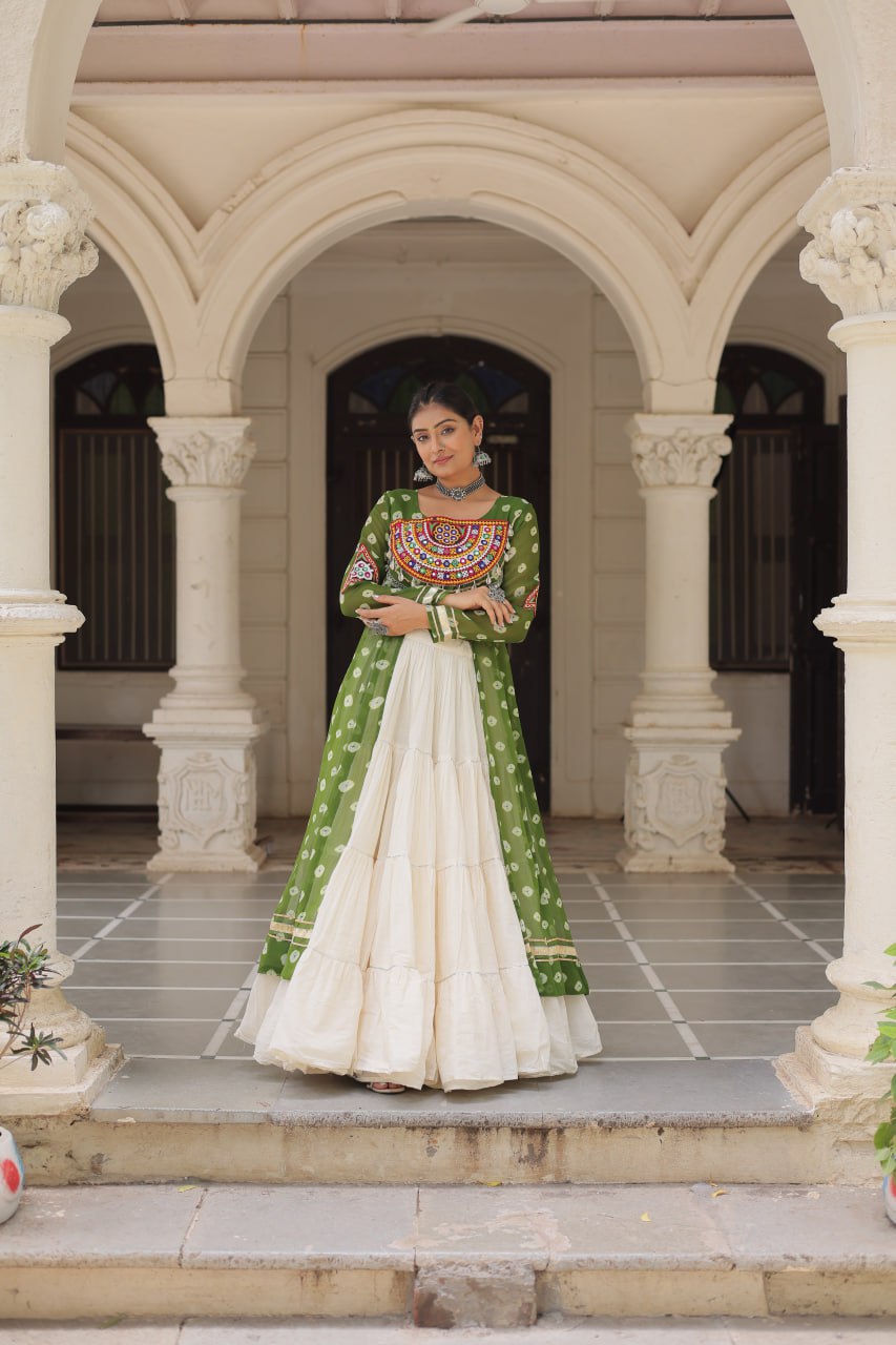 Green Navratri Special Bandhani Kurti with Kora Cotton Frill Lehenga Set – Full Stitched