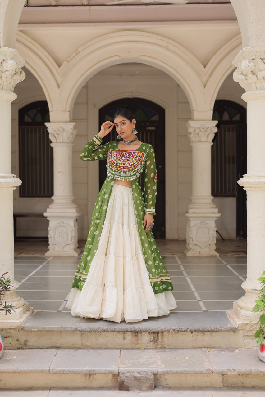 Green Navratri Special Bandhani Kurti with Kora Cotton Frill Lehenga Set – Full Stitched