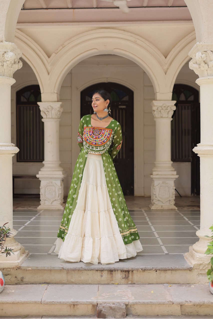 Green Navratri Special Bandhani Kurti with Kora Cotton Frill Lehenga Set – Full Stitched