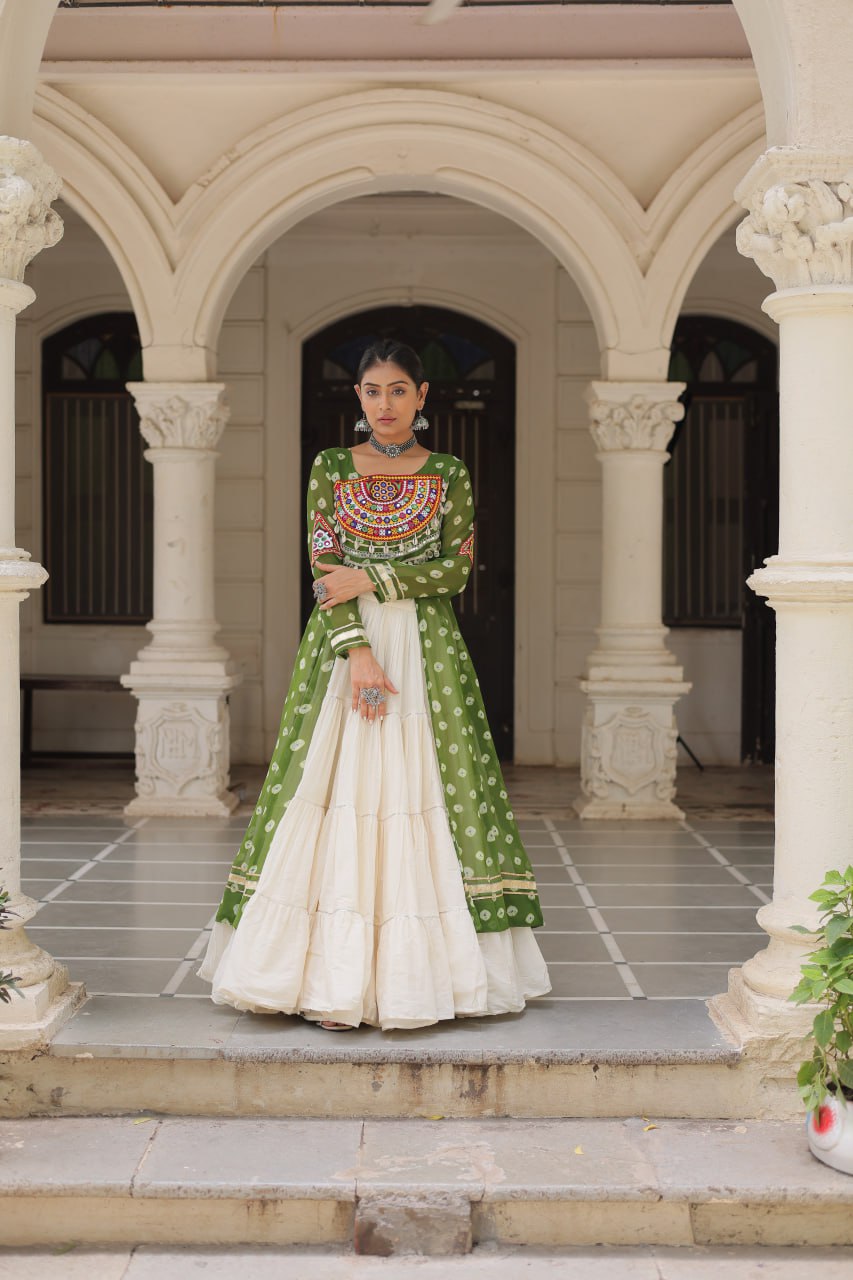 Green Navratri Special Bandhani Kurti with Kora Cotton Frill Lehenga Set – Full Stitched