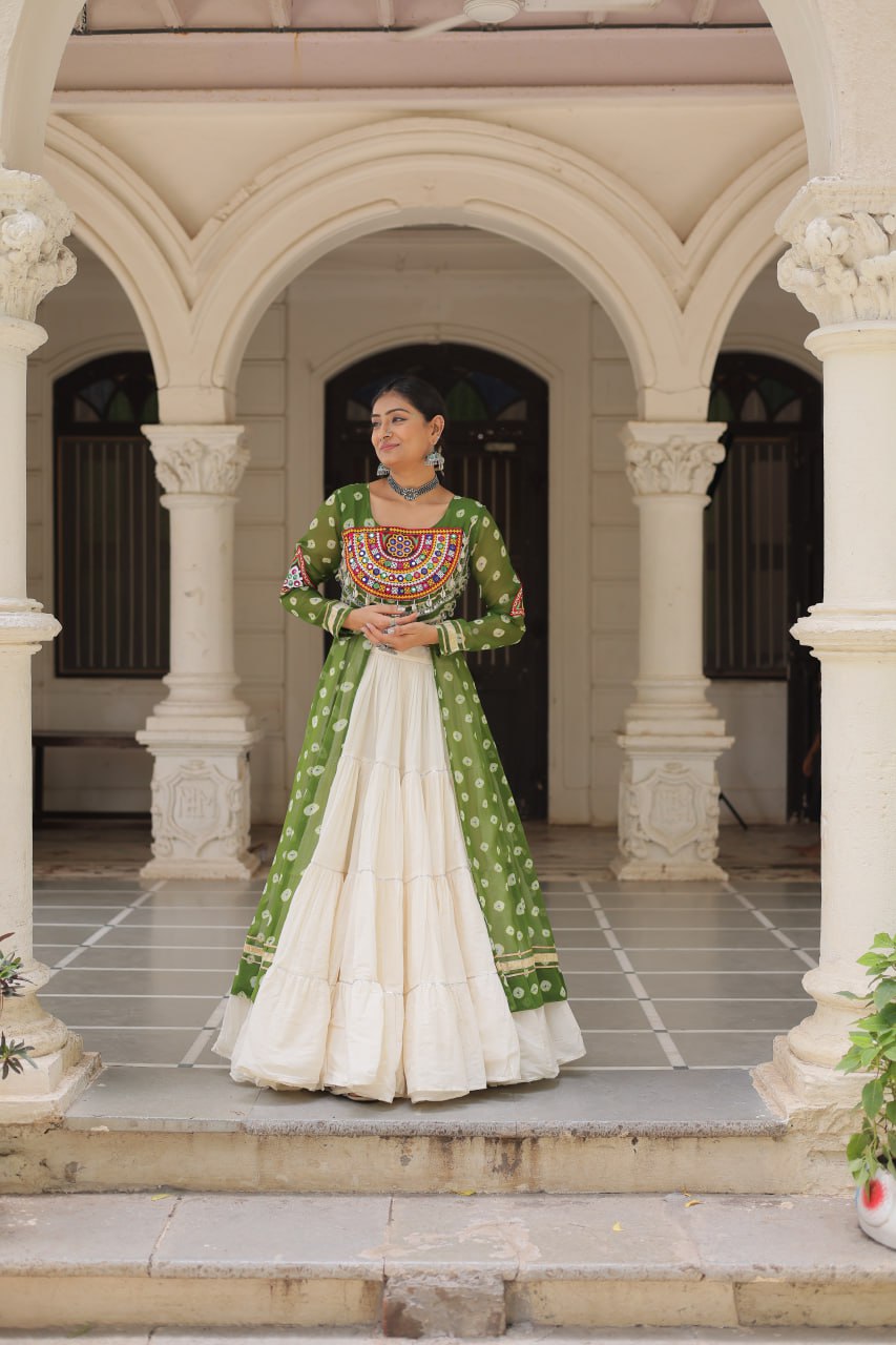 Green Navratri Special Bandhani Kurti with Kora Cotton Frill Lehenga Set – Full Stitched