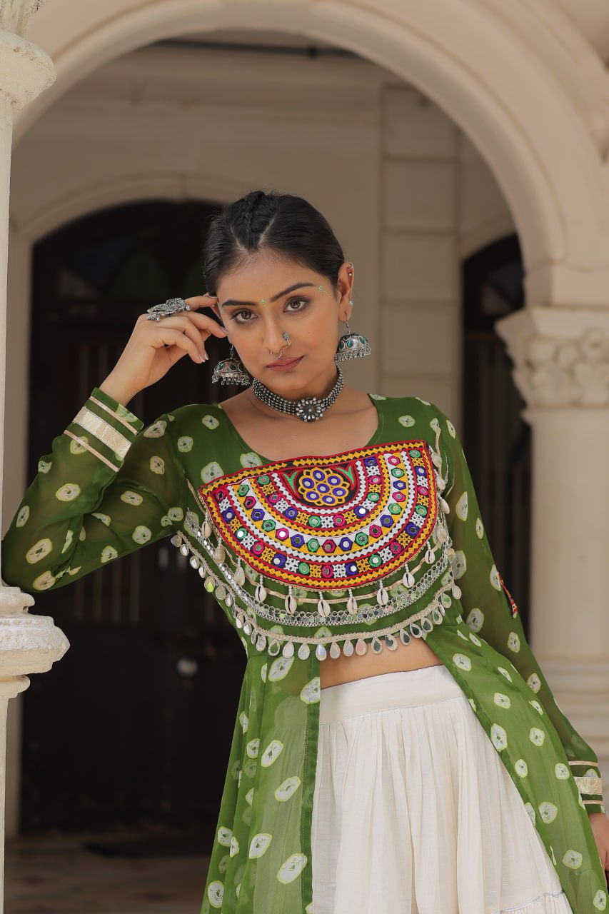 Green Navratri Special Bandhani Kurti with Kora Cotton Frill Lehenga Set – Full Stitched