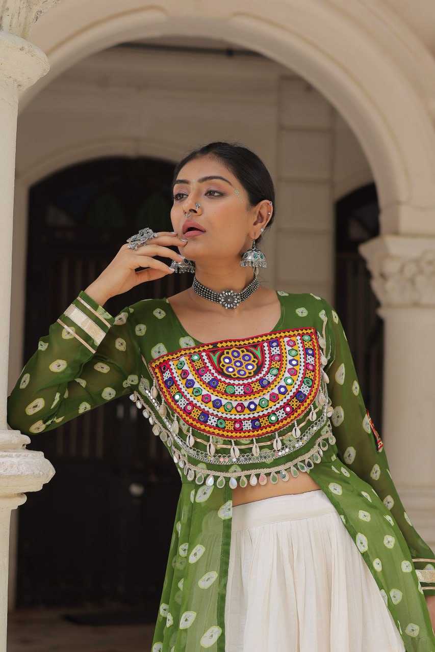 Green Navratri Special Bandhani Kurti with Kora Cotton Frill Lehenga Set – Full Stitched