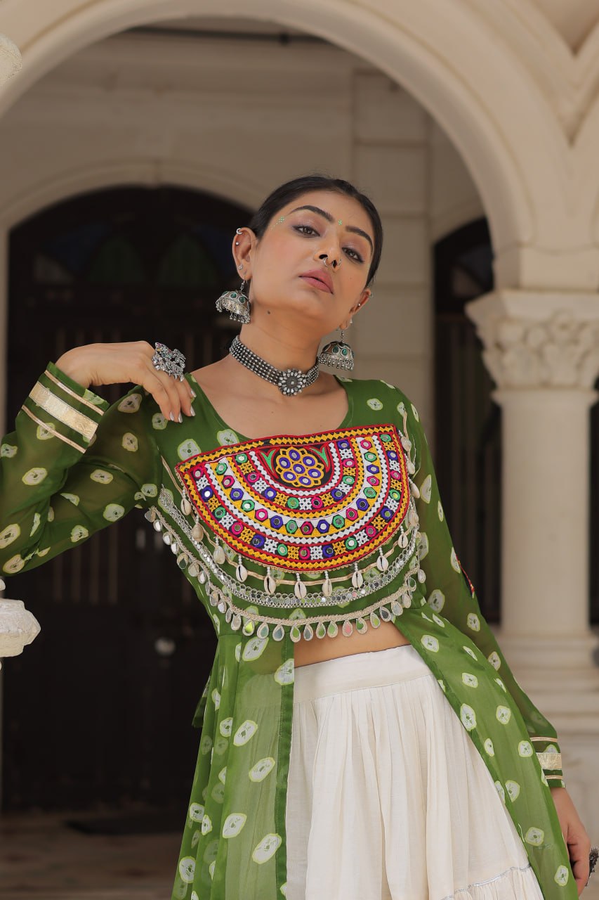 Green Navratri Special Bandhani Kurti with Kora Cotton Frill Lehenga Set – Full Stitched