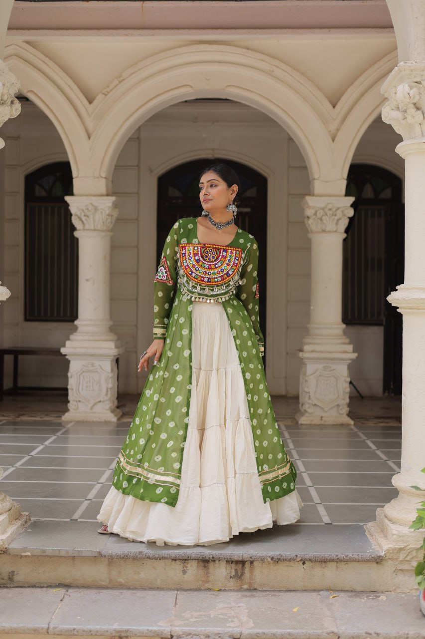 Green Navratri Special Bandhani Kurti with Kora Cotton Frill Lehenga Set – Full Stitched