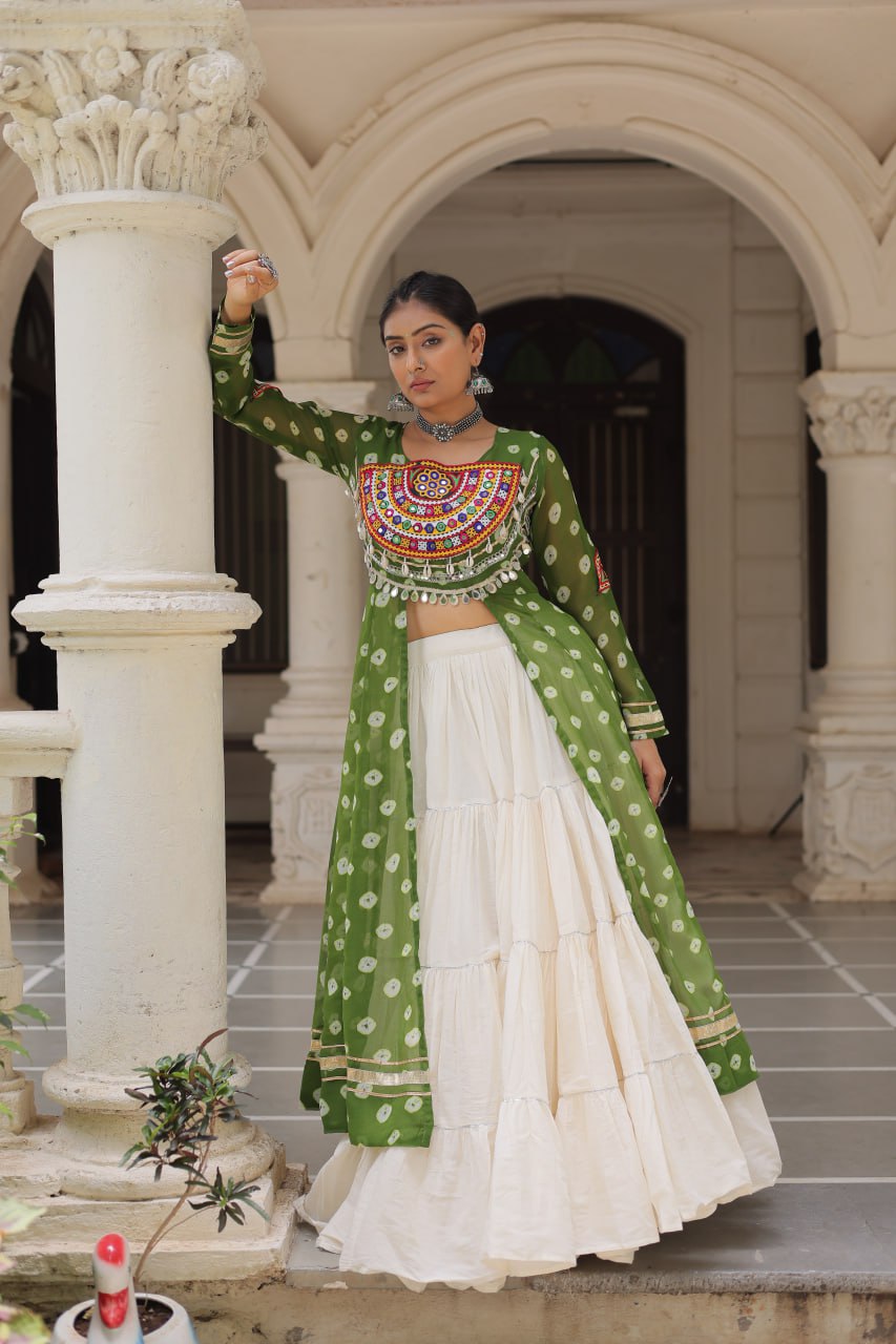 Green Navratri Special Bandhani Kurti with Kora Cotton Frill Lehenga Set – Full Stitched
