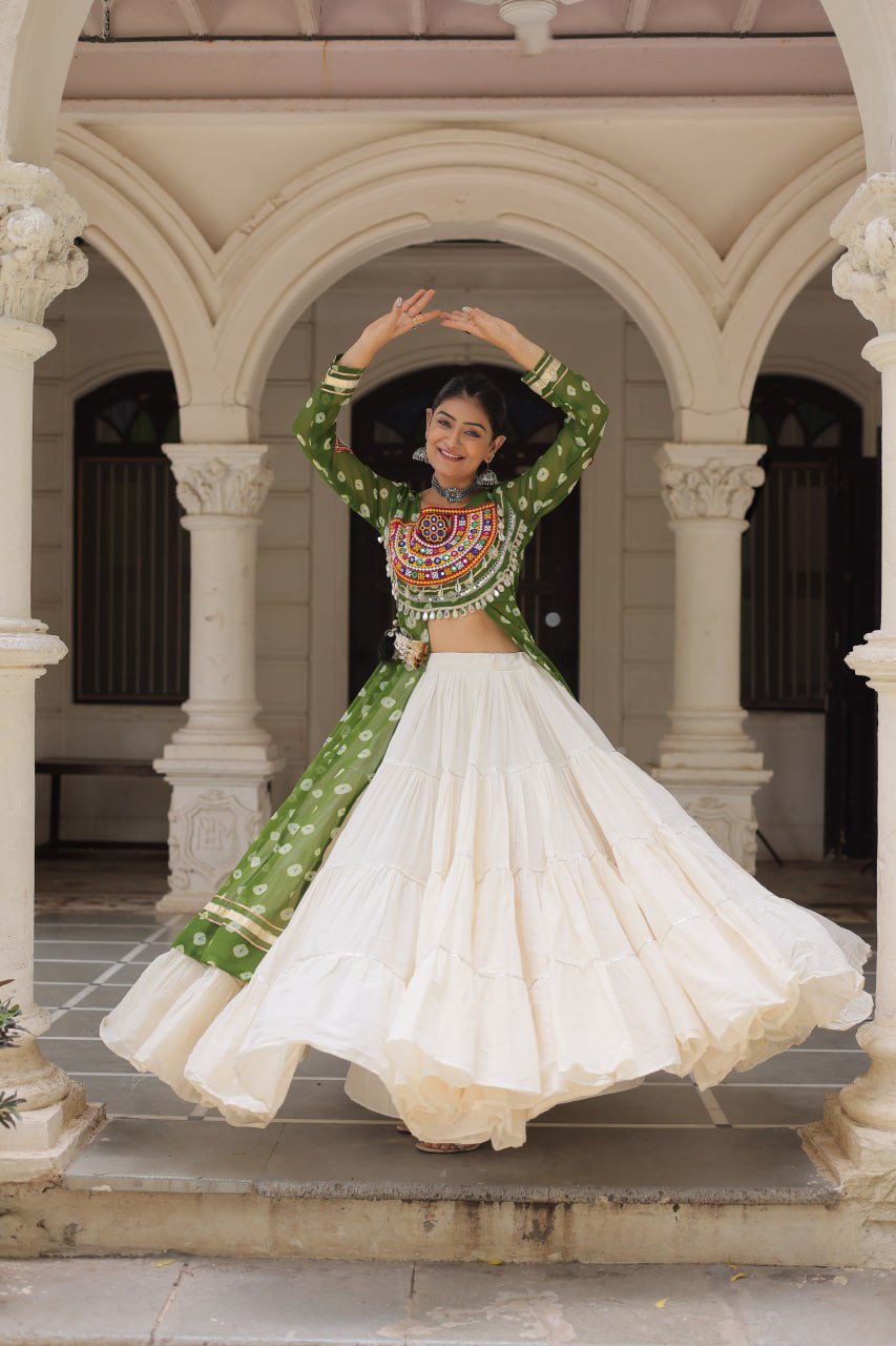 Green Navratri Special Bandhani Kurti with Kora Cotton Frill Lehenga Set – Full Stitched